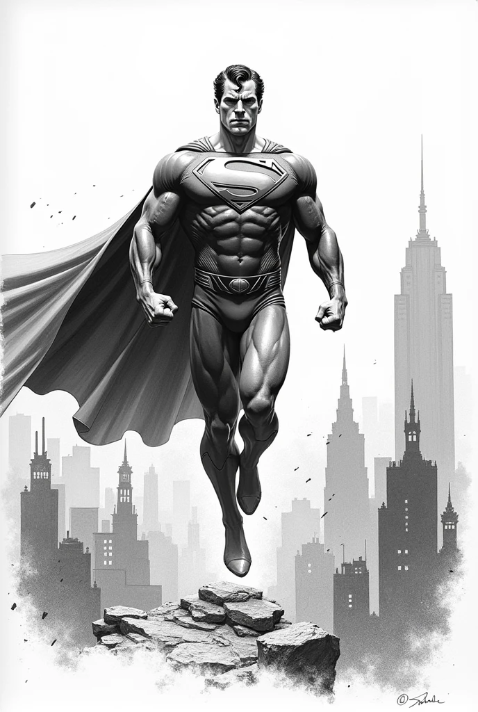 Superman comic in black and white pencil in fighting position with Gotham City in the background