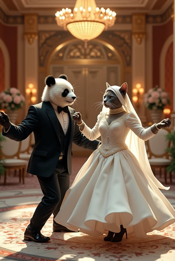 Now there is a Zeybek dance in Turkey. I want you to draw a male panda with a groom's suit and a female cat with a white wedding dress playing this game.. The female cat should be veiled and her head should be covered . So, let there be a turban on your head . The venue is a wedding hall, but such an elite wedding hall..