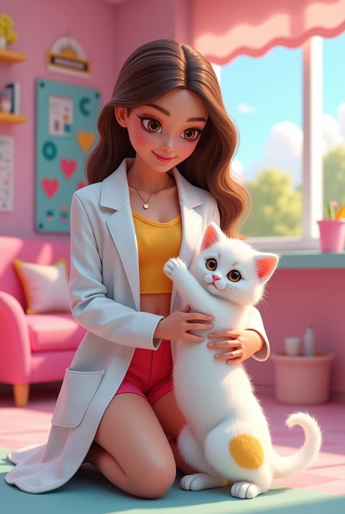 Barbie doctor with brown eyes and her white kitten with yellow patches