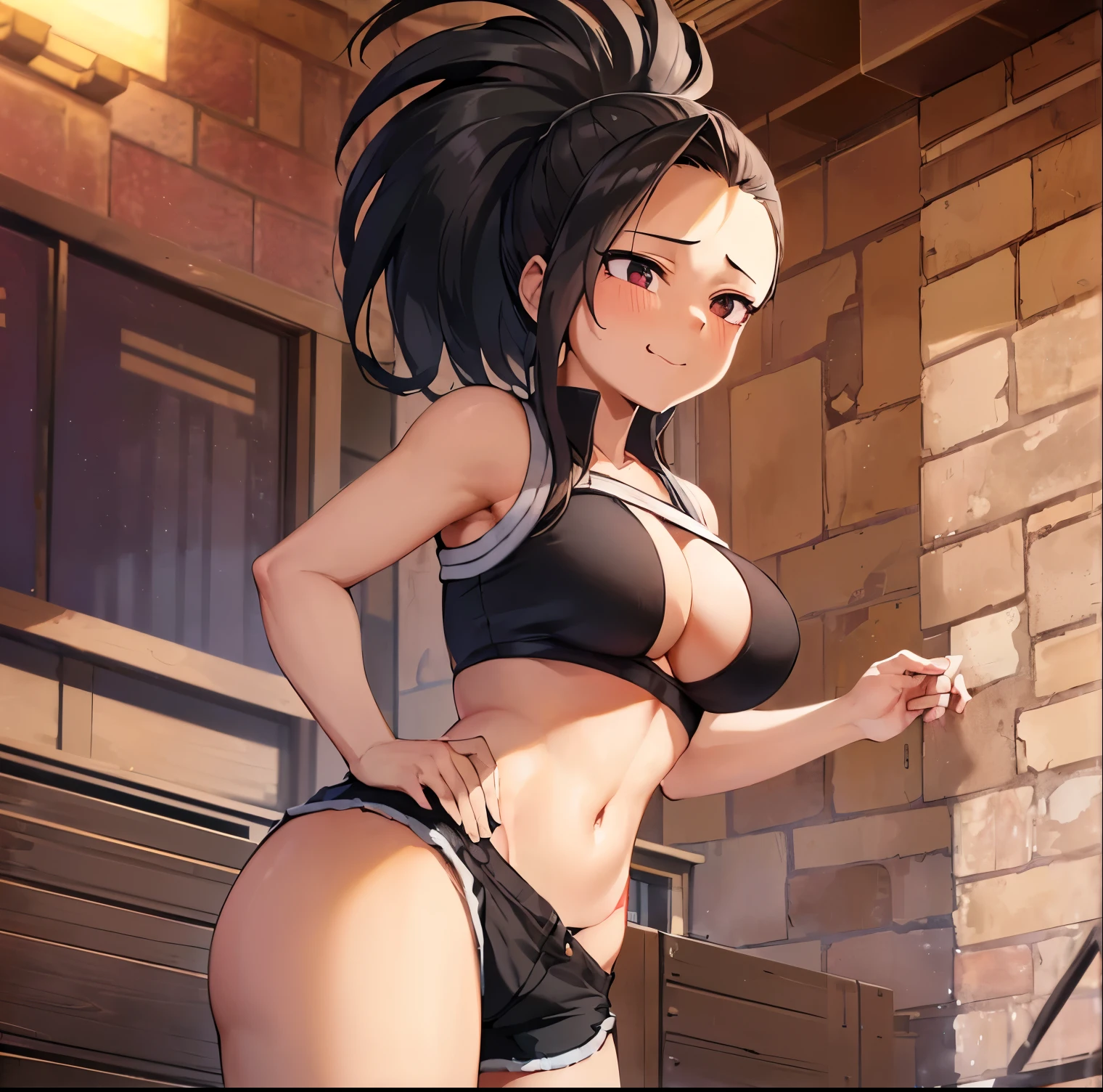 ((1girl)), ((alone)),yaoyorozu momo, ((extremely detailed CG unity 4k wallpaper)), (masterpiece), (ultra quality), (ultra detailed), (best illustration), (best shadow), (extremely detailed), looking at viewer, (absurdities), (detailed background), curvy body, dynamic pose, cowboy photo, large breasts, medium waist, wide hips, wide thighs, round butt,((eyes black, black hair, ponytail, long hair, hair up, red sports bra: 1.4, tight bra, bare arms, neckline: 1.2, exposed waist: 1.2, navel: 1.2, black sports shorts: 1.4, tight shorts, smile , mouth closed)), standing, cowboy photo, backlight, ((solo)), ((standing: 1.4, exterior, park, trees, cityscape, sunset, (serene expression, blushing, ,sexy, mouth closed , sexy pose), looking forward, ((focus on hips), point of view: (from below), perfect anatomy, perfect hands,