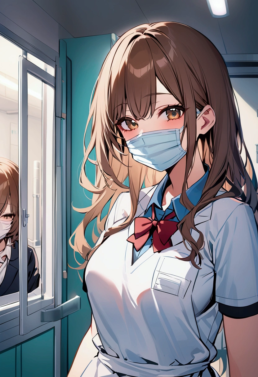 Infirmary room Background, bloody, school blazer, school uniform, surgical apron, medical gloves, surgical mask, 1girl, smiles, brown hair, shining hair,
