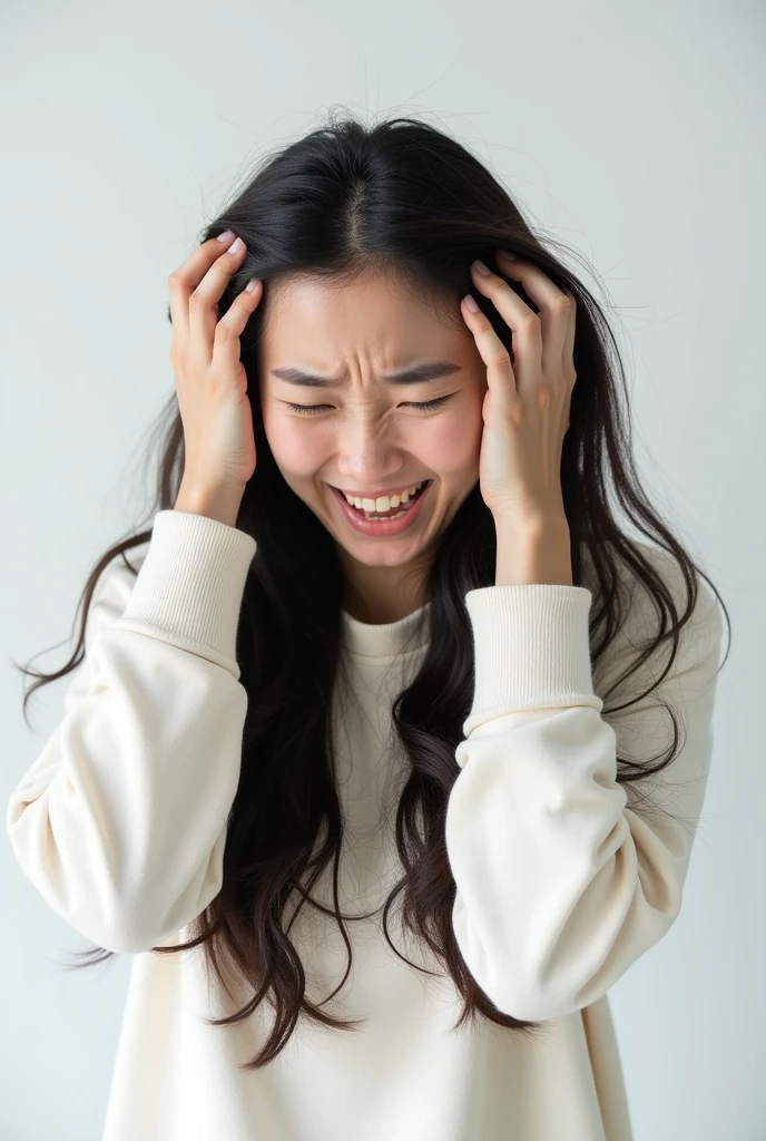 Create an Asian long-haired beauty,Wear a white sweatshirt,Upper Body,Scratching scalp with both hands,Oily scalp, lots of dandruff,The expression is hideous,The characters are realistic and realistic,Pure white background,9:16 frames,Ultra-high-definition picture quality