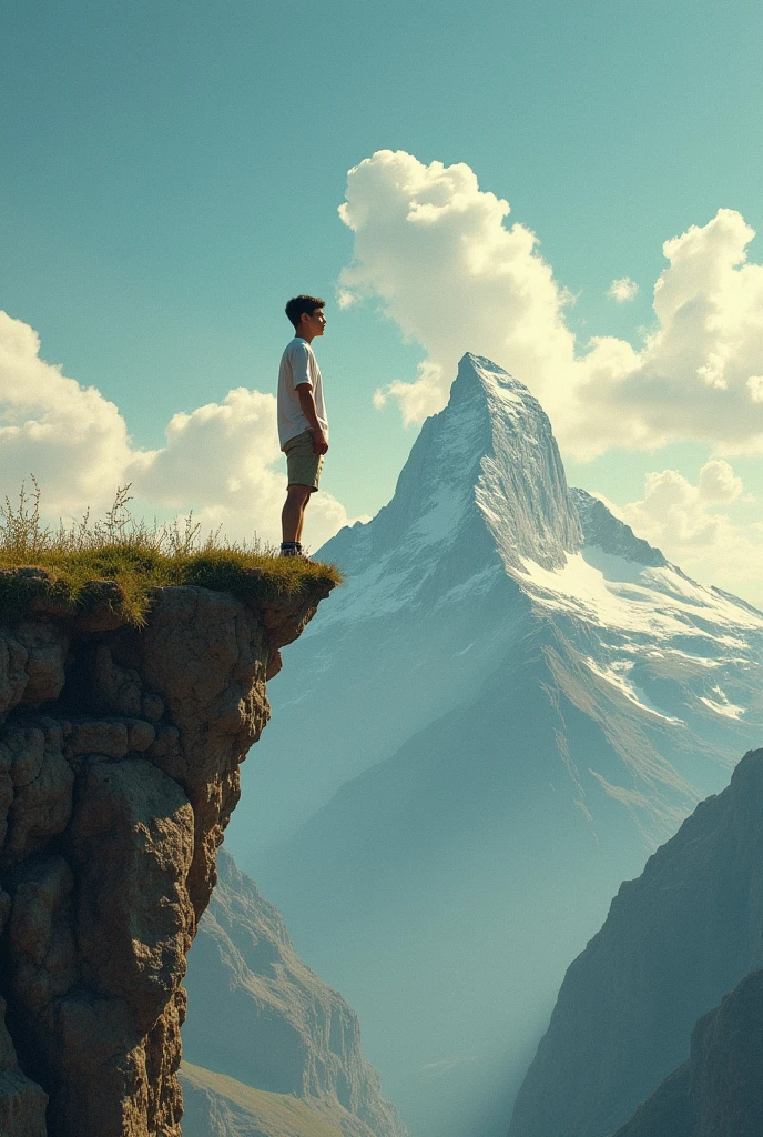 Young man standing on the edge. Looking up at the sky, 彼teeth気づかないうちに、I'm about to jump off a cliff into the unknown.. 肩にteeth質素な背嚢が置かれている. 左手にteeth白い薔薇. 足元にteeth小さな白い犬がいる. The mountain behind The Fool々teeth、It represents the challenges ahead..