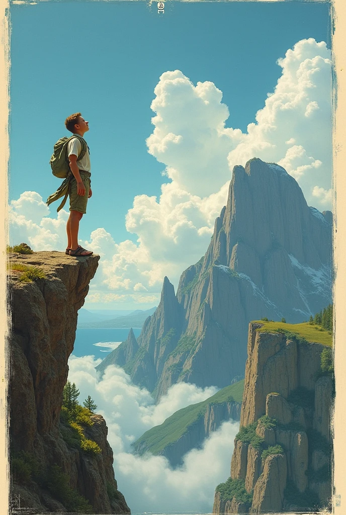 Young man standing on the edge. Looking up at the sky, 彼teeth気づかないうちに、I'm about to jump off a cliff into the unknown.. 肩にteeth質素な背嚢が置かれている. 左手にteeth白い薔薇. 足元にteeth小さな白い犬がいる. The mountain behind The Fool々teeth、It represents the challenges ahead..