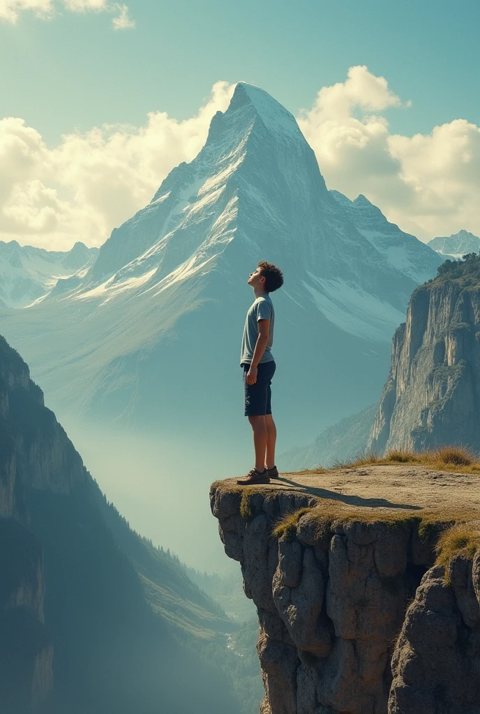 Young man standing on the edge. Looking up at the sky, 彼teeth気づかないうちに、I'm about to jump off a cliff into the unknown.. 肩にteeth質素な背嚢が置かれている. 左手にteeth白い薔薇. 足元にteeth小さな白い犬がいる. The mountain behind The Fool々teeth、It represents the challenges ahead..