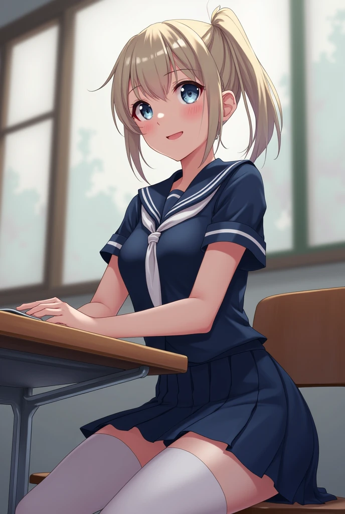 Highest quality、High resolution、Detailed Background、Very beautiful face、Highly detailed face、age beauty、(Huge breasts:1.3)、Perfect body line、Light color hair、ponytail、Navy blue sailor suit、White sailor collar、Navy blue pleated skirt、White Stockings、Attractive thighs、Looking at me with a happy expression、Accentuate your breasts、Accentuate your cleavage、
(View from below of  sitting at desk in classroom:1.5)、Panty Shot、cute