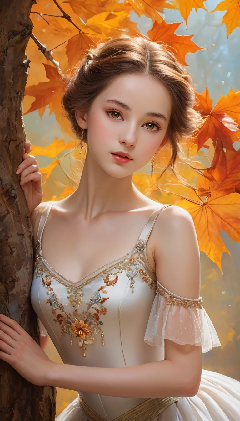 (High resolution,masterpiece:1.2),(Realistic:1.37)"(Highest quality, High resolution, Very detailed, Realistic),A beautiful portrait of a -yeld Scish ballet dancer from the 19th century, (She is half Scottish and half Japanese.., She is a beautiful woman with brown eyes and a long nose..:1.1), Beautiful ballet costumes, Detailed facial features, Long and graceful neck, Opal Necklace, Flowing chestnut hair, Calm and graceful posture, Soft and delicate lighting, Classical Oil Painting Medium, Vibrant colors, Delicate background with autumn motifs", Dreamy atmosphere, Surrealism,Mysterious Aura