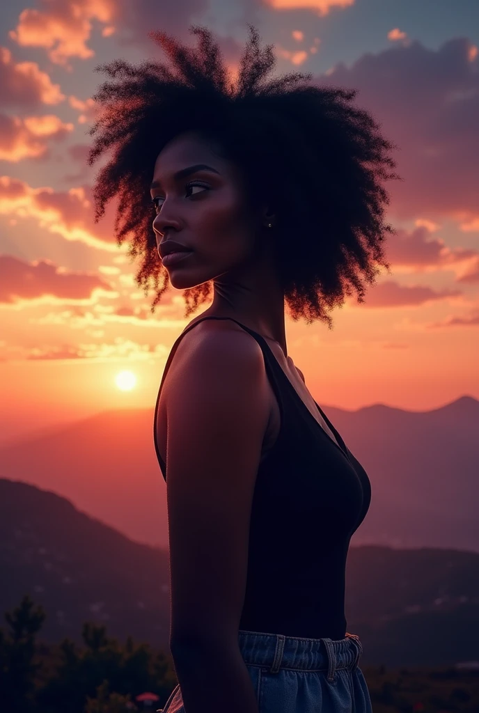Affiche de film avec une femme noire de profil avec un arrière plan de crépuscule sur lequel il est écrit le titre du film "Ça peut aussi t'arriver!" "Un film de Steven DOMINGO et de Steven BOKO", art digital