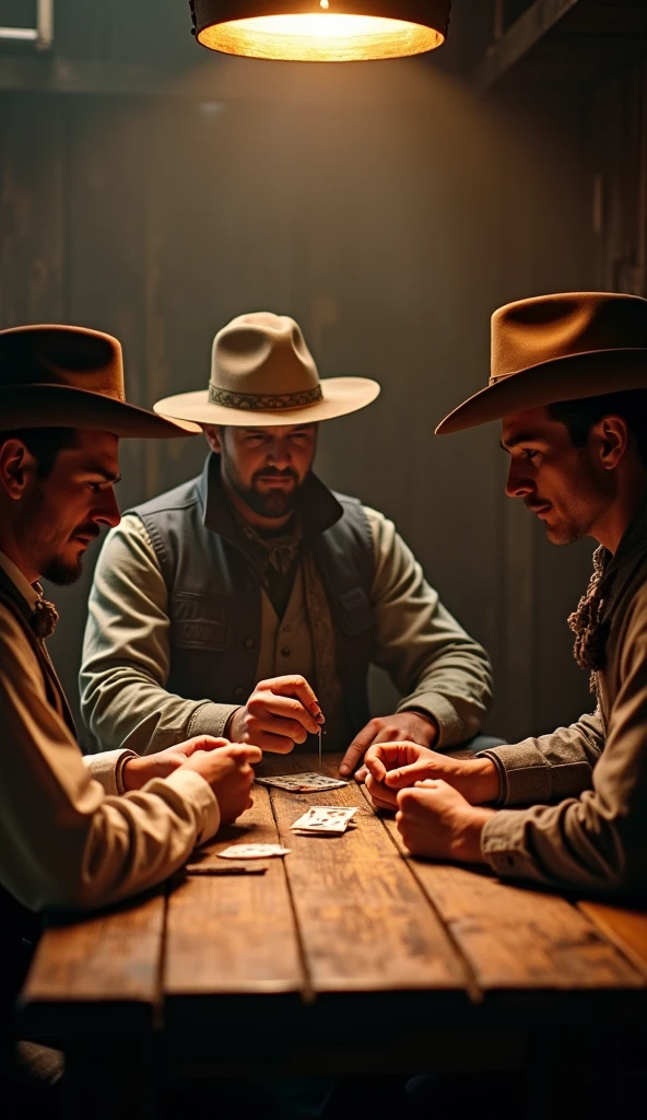 a realistic photography, wild west, xviii century, 4 cowboys playing poker at a wooden saloon table in the wild west, extremely detailed, cinematic lighting, dramatic shadows, highly detailed faces and expressions, intricate textures, warm color tones, masterpiece, photorealistic, 8k, hyper detailed, made by dslr