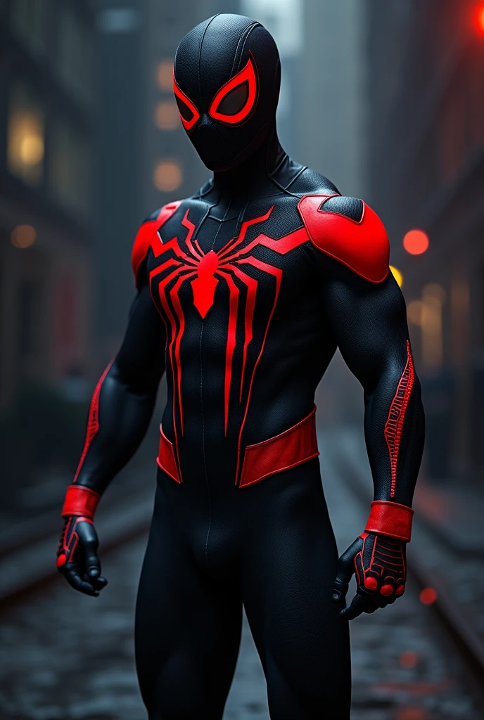 A Spider-Man uniform, predominantly black, with red details on the gloves, booties, and a large spider symbol on the chest. The uniform lines are modern and dynamic, suggesting speed and agility. The mask covers the entire face, with big red eyes that stand out, and with the background at night 