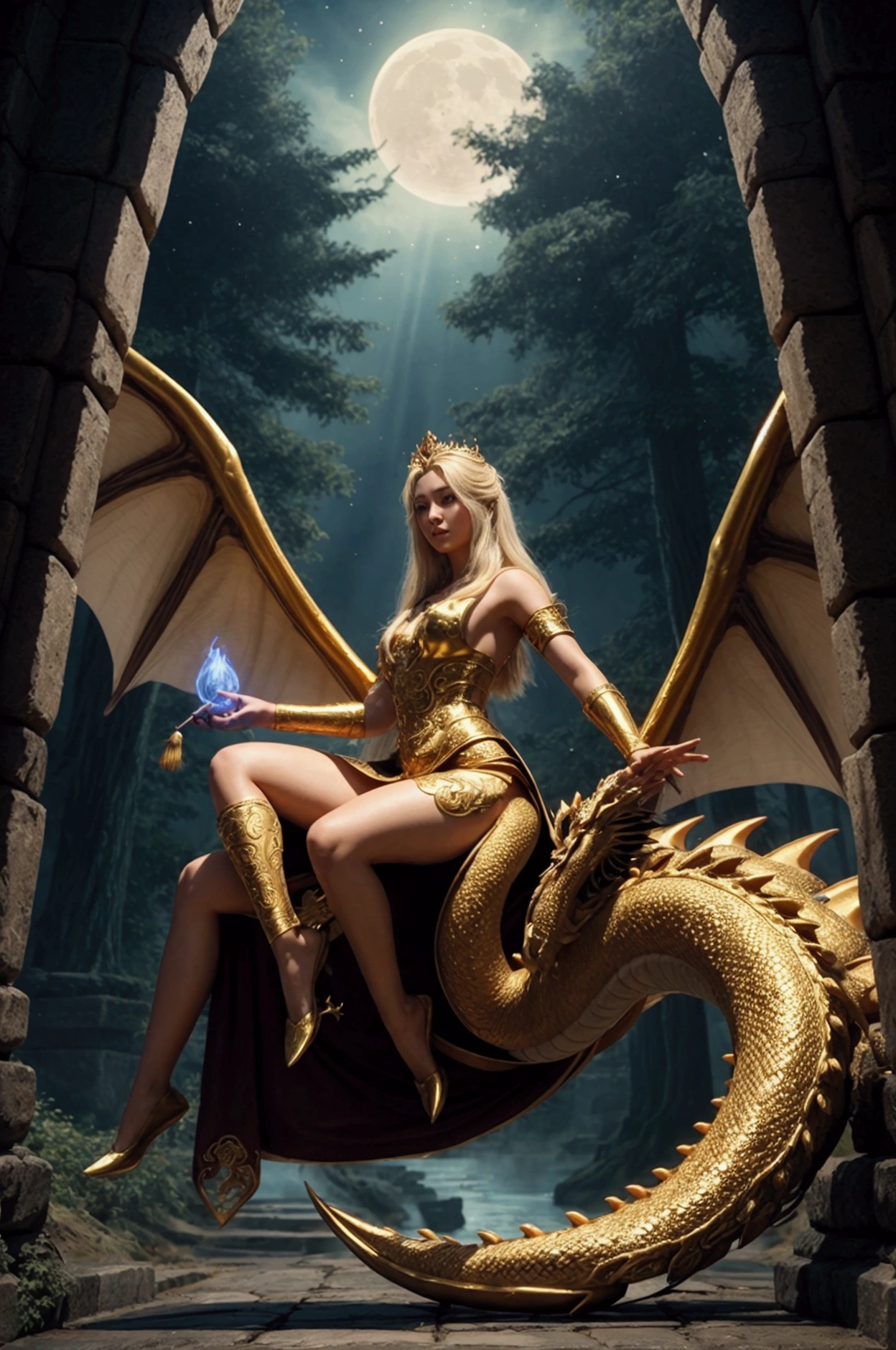 Princess (blonde hair, in a long dress, holding a magic wand), background (the forest, moon), Chinese dragon (One, Golden Dragon with Five Claws, Two wings), Princess Riding a Dragon  