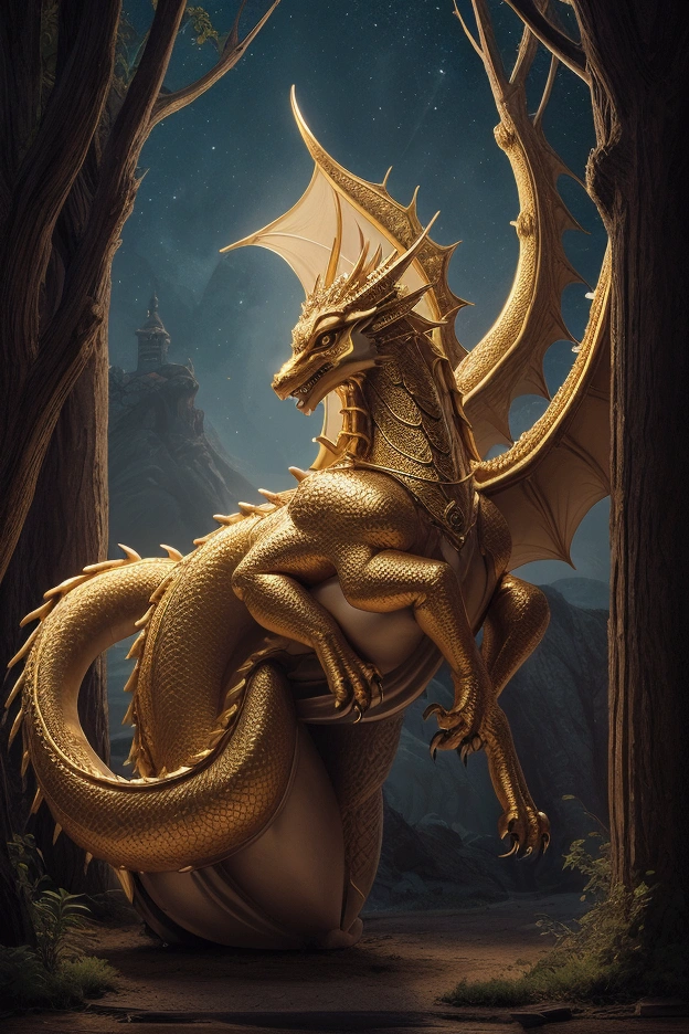 Princess (blonde hair, in a long dress, holding a magic wand), background (the forest, moon), Chinese dragon (One, Golden Dragon with Five Claws, Two wings), Princess Riding a Dragon