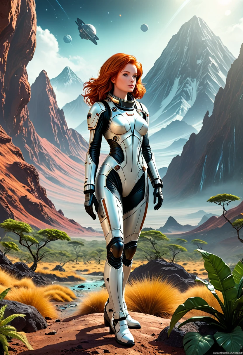 seductive female ginger haired astronaut on a jungleplanet , different modelpositions, mountains, beautiful artdeco style , beautiful outfit, retroscifi, on a mystery alienplanet, intricate 1920th art on a alien planet, alien fauna, ginger haired, ultrarealistic, alien flora, full body, detailed alien landscape , background, nebulas, planet, very seductive grine, jean ansell, greg rutkowski