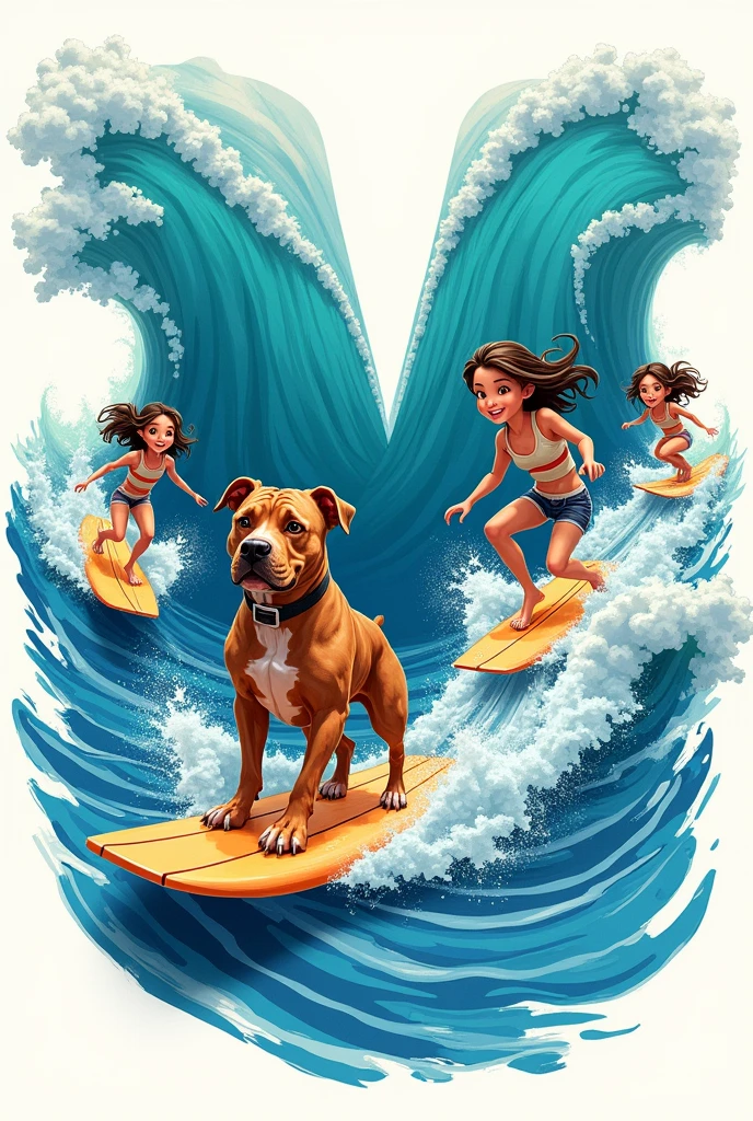 Make an animation for a tattoo about the letter M formed by sea waves with 4 little girls and a brown pitbull dog surfing 