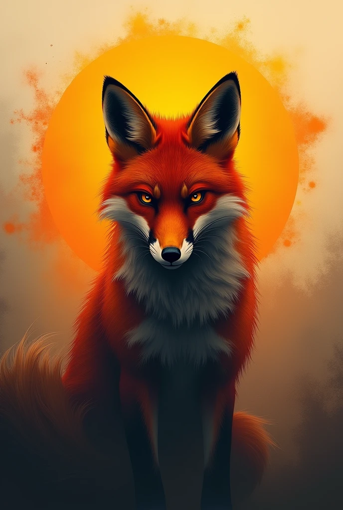 Create a logo with a sinister fox in the center with colors between orange yellow white
