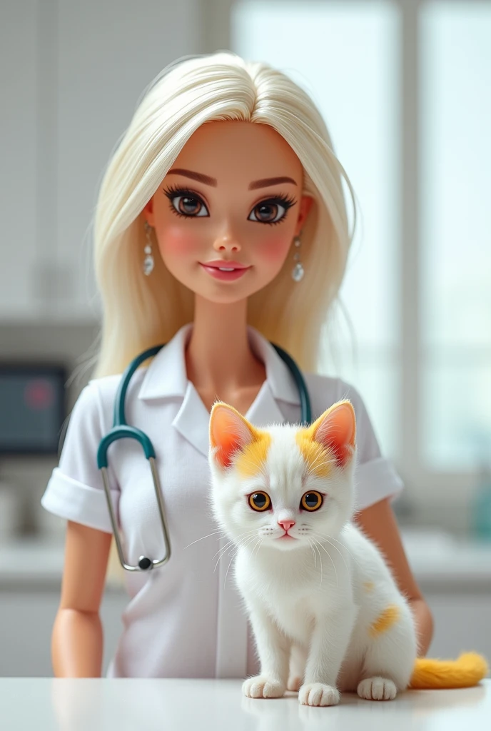 Barbie doctor brown eyes white hair and her white kitten with yellow patches on its head and yellow tail