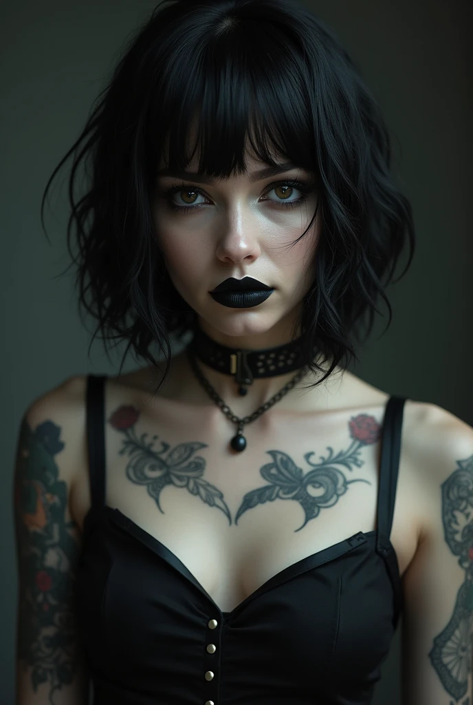 Black short hair, black eyes, white dull skin, black lipstick, hard look, black dress, tattooed woman