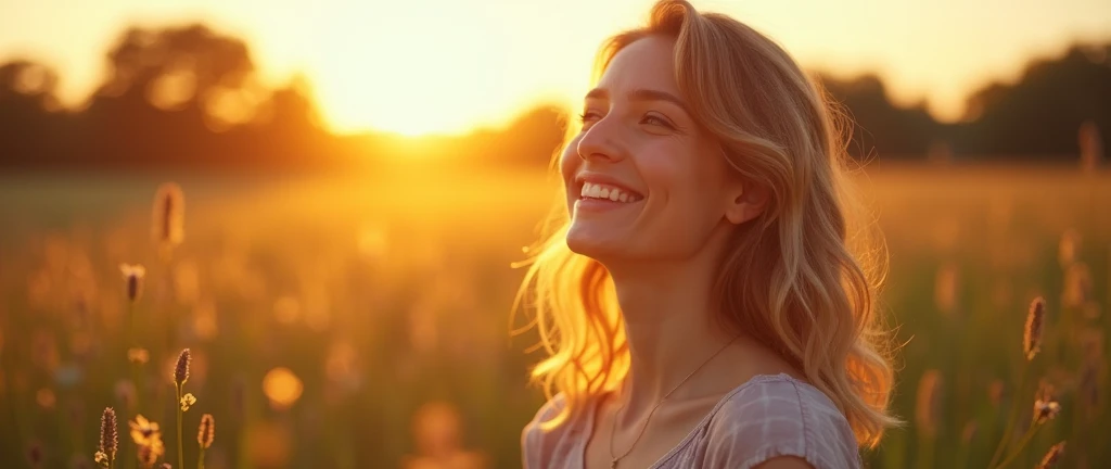 Elementos visuais:
1.	Main Scenario:
• A field or garden at sunrise or sunset, with soft golden or lilac light radiating. The setting should symbolize new beginnings and enlightenment.
2.	Central Figure:
• A woman smiling serenely, with a confident and contemplative expression, exploring the environment around you. The figure should suggest introspection and self-discovery.
3.	Symbols and Graphics:
• Include a discreetly placed Star of David, perhaps at the edge of the image or subtly in the background, to represent Kabbalistic Numerology.
• Add elements of numerological diagrams or artistically scattered numbers in the background, suggesting the deep analysis of numerological study.
4.	Light Elements:
• Use soft, golden lights radiating around the woman, creating a mystical lighting effect.
• Add small stars or points of light around the central figure to increase visual appeal.

Style and Tone:
• Soft and comforting.
• Mystical and attractive.
• Mix natural light with graphic elements to create a harmonious look.

