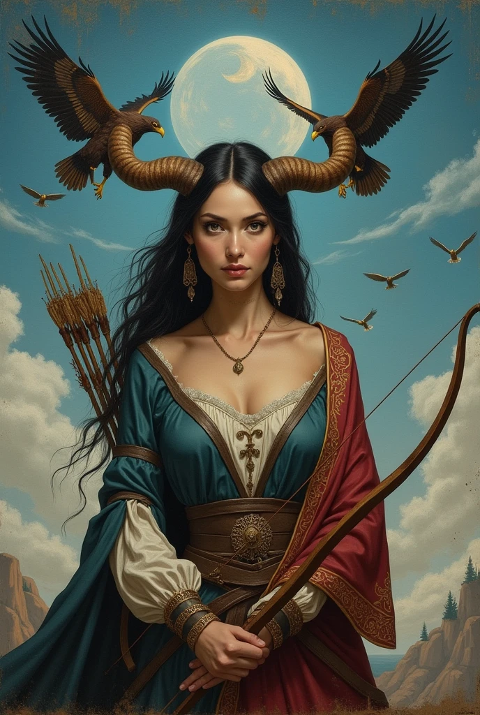 Renaissance painting, horned woman, Caucasian skin, dark hair, archer clothes, eagles in the sky, blue sky with moon,
