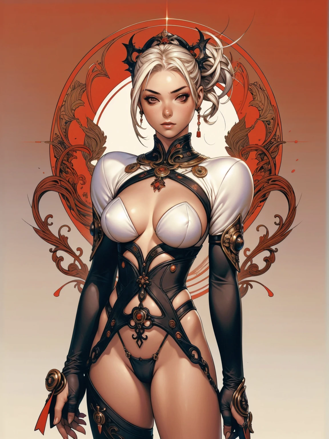 (best qualityer))), (((manga strokes))), woman red dragon knight, (((red helmet))), metal panties, medieval albino girl, Barbed wire garter belt, breasts covered with a wave-shaped metal breast protector, Curly white hair, long ribbon-garter, chains wrapped around the arm, metal gloves, great sword, medieval castle, fitness body, blood, nude belly, coxas nuas (((manga style))), violent, Manic, slenderbody, thin but strong, perfectbody, armor black, ornate metal sleeves, intricate visual com um castelo medieval enorme, ((( sculptural body ))), (((1 girl))), garota de 25 anos com perfectbody,,Beautiful and well-groomed face,muscular body:1.2,solid color detailed jacket, (Head to thigh photos), Complex equipment, (((standing alone))), pirralha violent, ((())), sexly, pose de atitude, work of art, post-apocalypse, (((manga style))), bounty hunter, violent, Manic, the way you want, slenderbody, thin but strong, perfectbody, roupa moderna, advanced technology, neon, sleeves with vertical striped pattern, intricate background, (( cowboy shot )). intricate visual