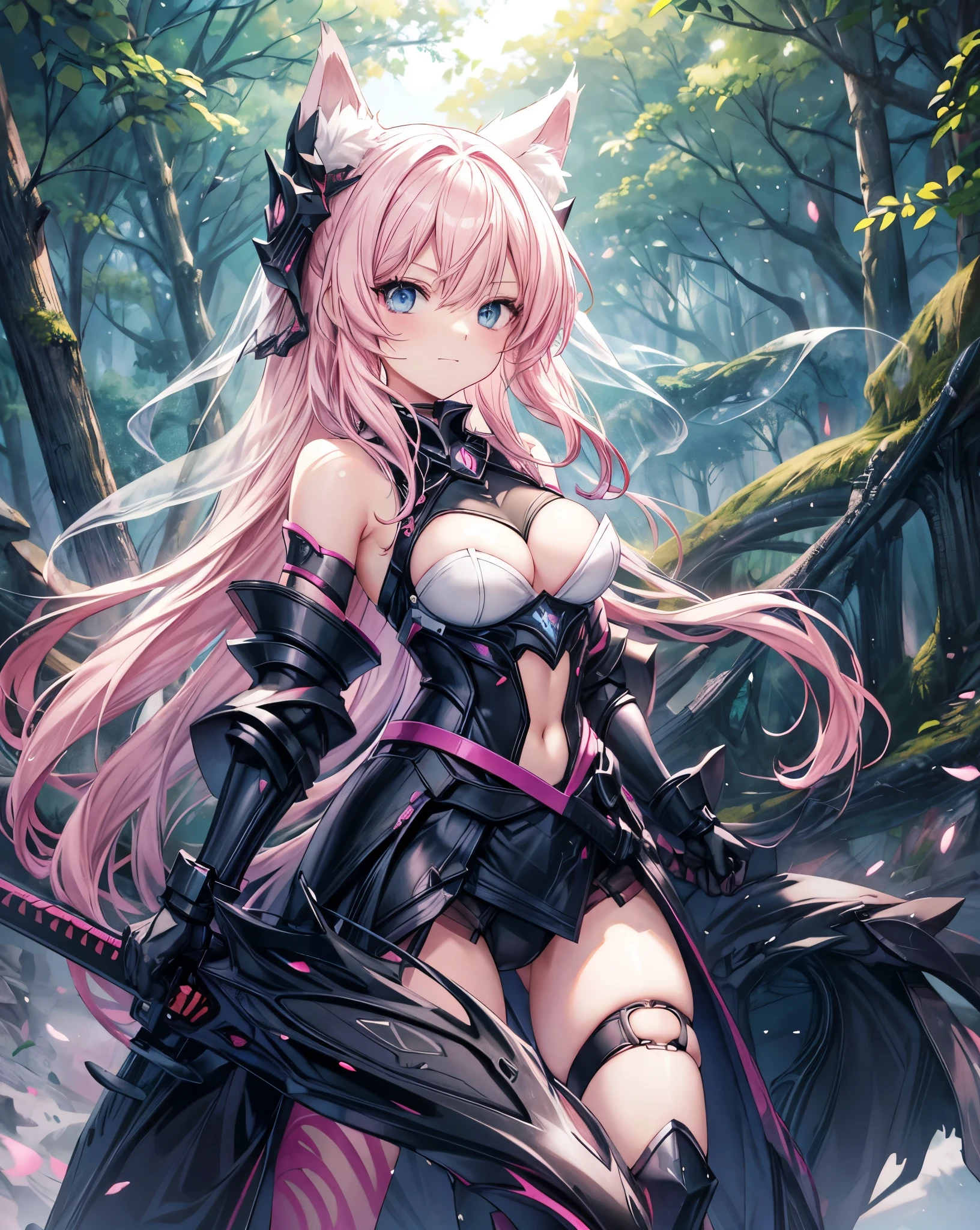 Anime style war, serious style, 1nekogirl, pink_and_white_cat_ears, fox tail, limited palette, long Straight pink hair, detailed anime blue eyes. She is happy. She is a Mercenary with scars on face, Outdoor scenery. Point a sword upwards. Behind them there is an army. War is coming. She wear a black intricate light war armour. She has bare shoulders. They will fight on the Winter Forest. Light Black Dragon armour, Pink details. Fight pose. Shes in satisfied.bare thighs. He is holding a sword stuck in the ground