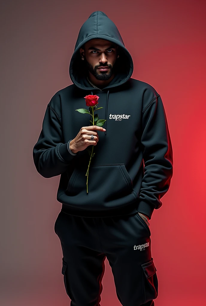 A music cover featuring a man dressed in trapstar style holding a rose