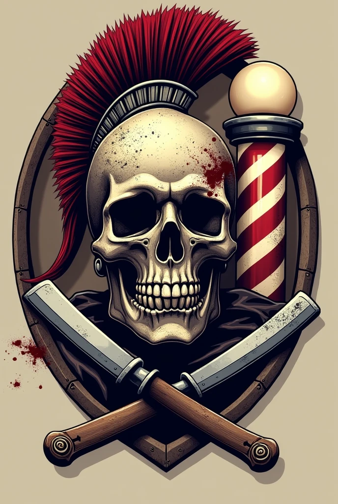 Create a barber shop logo, with a Spartan helmet that looks worn and with war blood on which a skull is placed, that is crossed with razor holders that are used in the barber shop, and behind the helmet you can see a barber pole , that the helmet stands out a lot