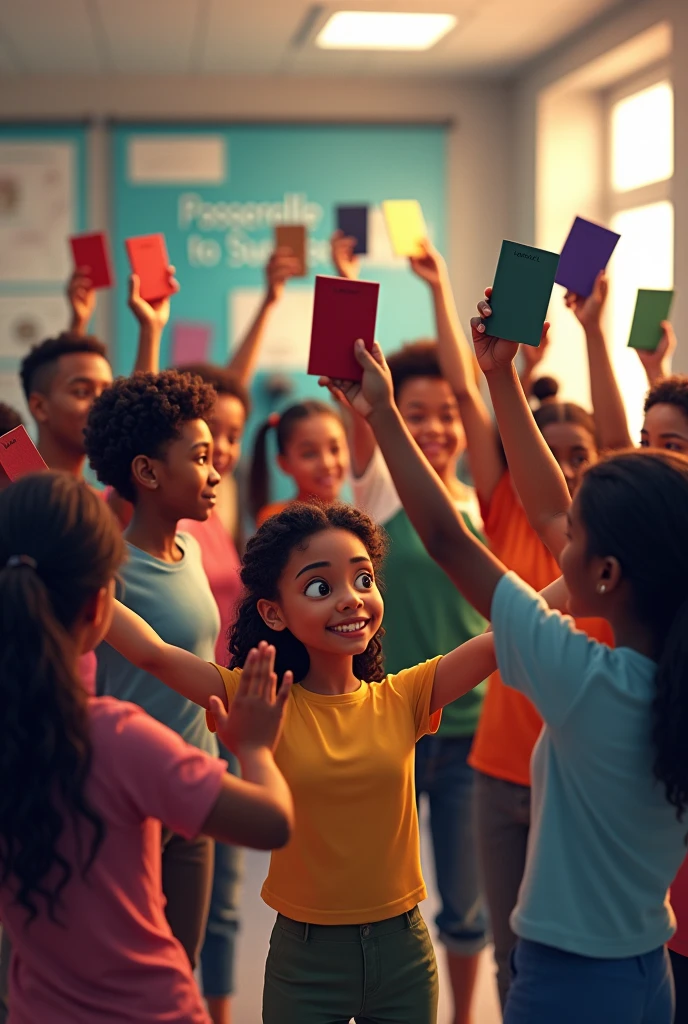 

**Scène** :
- Un groupe diversifié de jeunes, comprenant à la fois des filles et des garçons de teint noir , se tient en cercle dans un bureau.
- Chaque personne tient un passeport dans une main, avec le bras tendu vers le centre du cercle, de manière à ce que les passeports soient bien visibles.
- Les passeports sont de différentes couleurs, représentant divers pays, symbolisant l'unité et la diversité.
- Le groupe se tient dans unbureau derrière il ya  un kakémono avec "succès passerelle".
- L'ambiance est vibrante et positive, avec tout le monde souriant ou affichant un air déterminé.
- La lumière de la pièce illumine doucement la scène, ajoutant de la chaleur et mettant en valeur les passeports colorés.