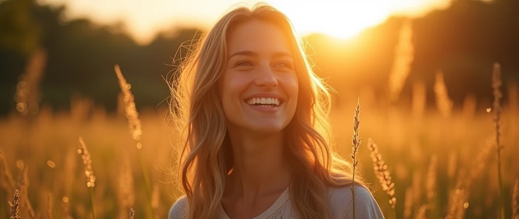 Crie a seguinte imagem : Elementos visuais:
1.	Main Scenario:
• A field or garden at sunrise or sunset, with soft golden or lilac light radiating. The setting should symbolize new beginnings and enlightenment.
2.	Central Figure:
• A woman smiling serenely, with a confident and contemplative expression, exploring the environment around you. The figure should suggest introspection and self-discovery.
3.	Symbols and Graphics:
• Include a discreetly placed Star of David, perhaps at the edge of the image or subtly in the background, to represent Kabbalistic Numerology.
• Add elements of numerological diagrams or artistically scattered numbers in the background, suggesting the deep analysis of numerological study.
4.	Light Elements:
• Use soft, golden lights radiating around the woman, creating a mystical lighting effect.
• Add small stars or points of light around the central figure to increase visual appeal.

Style and Tone:
• Soft and comforting.
• Mystical and attractive.
• Mix natural light with graphic elements to create a harmonious look.
