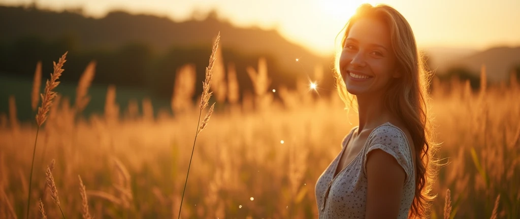 Crie a seguinte imagem : Elementos visuais:
1.	Main Scenario:
• A field or garden at sunrise or sunset, with soft golden or lilac light radiating. The setting should symbolize new beginnings and enlightenment.
2.	Central Figure:
• A woman smiling serenely, with a confident and contemplative expression, exploring the environment around you. The figure should suggest introspection and self-discovery.
3.	Symbols and Graphics:
• Include a discreetly placed Star of David, perhaps at the edge of the image or subtly in the background, to represent Kabbalistic Numerology.
• Add elements of numerological diagrams or artistically scattered numbers in the background, suggesting the deep analysis of numerological study.
4.	Light Elements:
• Use soft, golden lights radiating around the woman, creating a mystical lighting effect.
• Add small stars or points of light around the central figure to increase visual appeal.

Style and Tone:
• Soft and comforting.
• Mystical and attractive.
• Mix natural light with graphic elements to create a harmonious look.

