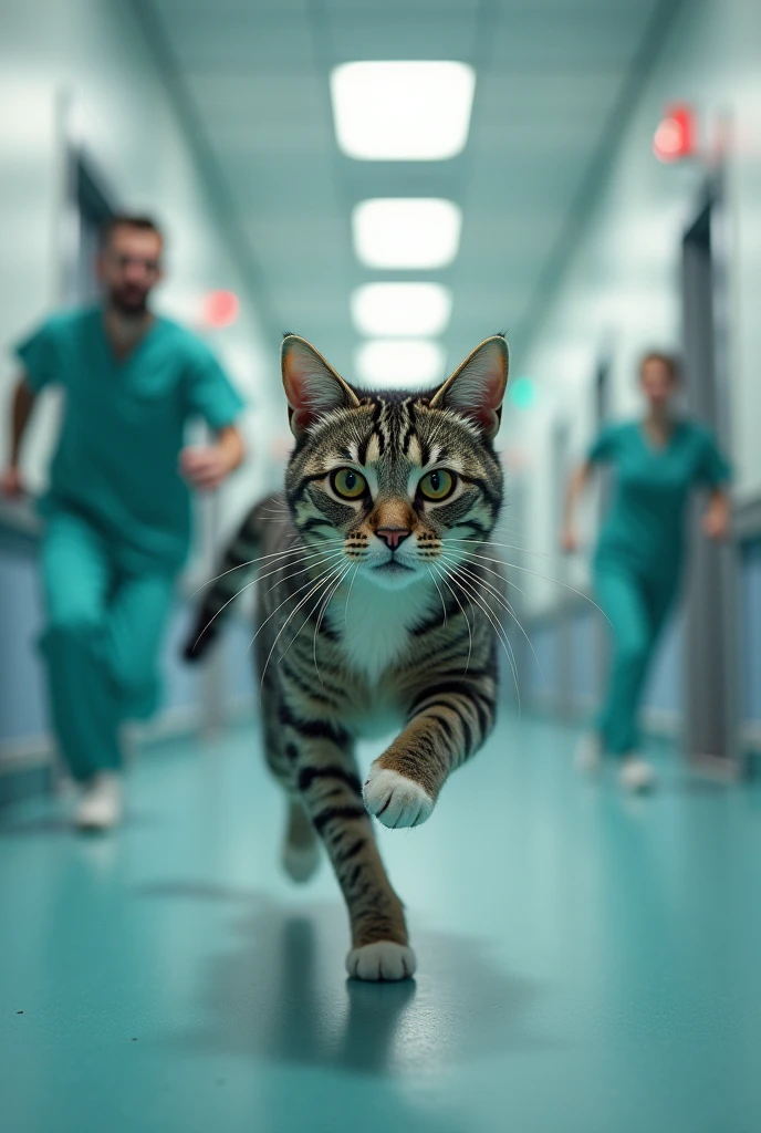 Chase scene in a veterinary hospital: a gray tabby cat with a white chest, Agile and determined, escapes from two assistants. With his injured leg, running on three legs, Jump and dodge obstacles while two assistants try to catch him. The action takes place in a hallway with an emergency staircase in the background..