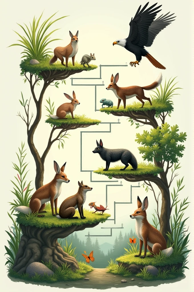 Bush-grass-grasshopper-butterfly-bird-rabbit-fox-lizard-eagle with the above names form a food chain pointing with arrows