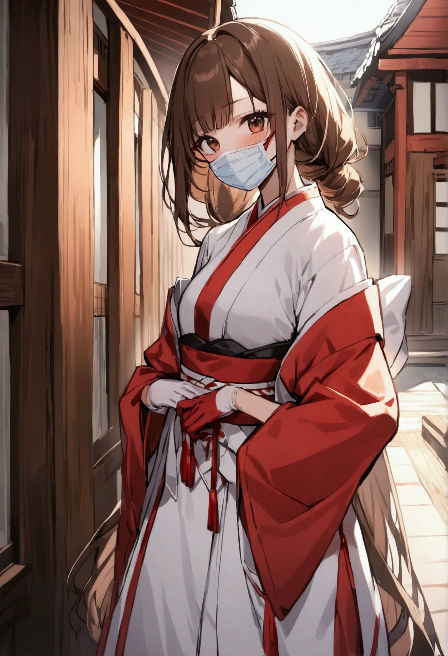 Traditional japanese room background, bloody, shrine maiden outfit, medical gloves, surgical mask, 1girl, brown hair, shining hair, 