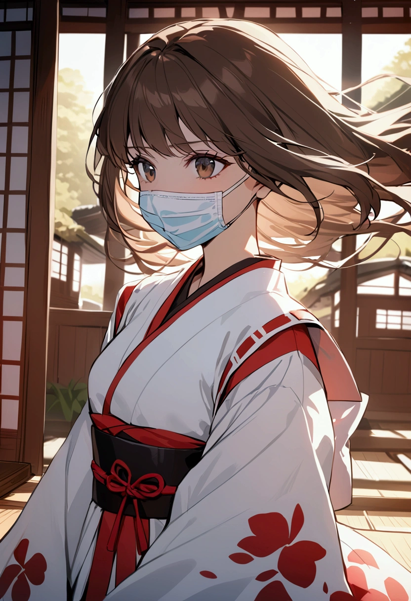 Traditional japanese room background, bloody, shrine maiden outfit, medical gloves, surgical mask, 1girl, brown hair, shining hair,