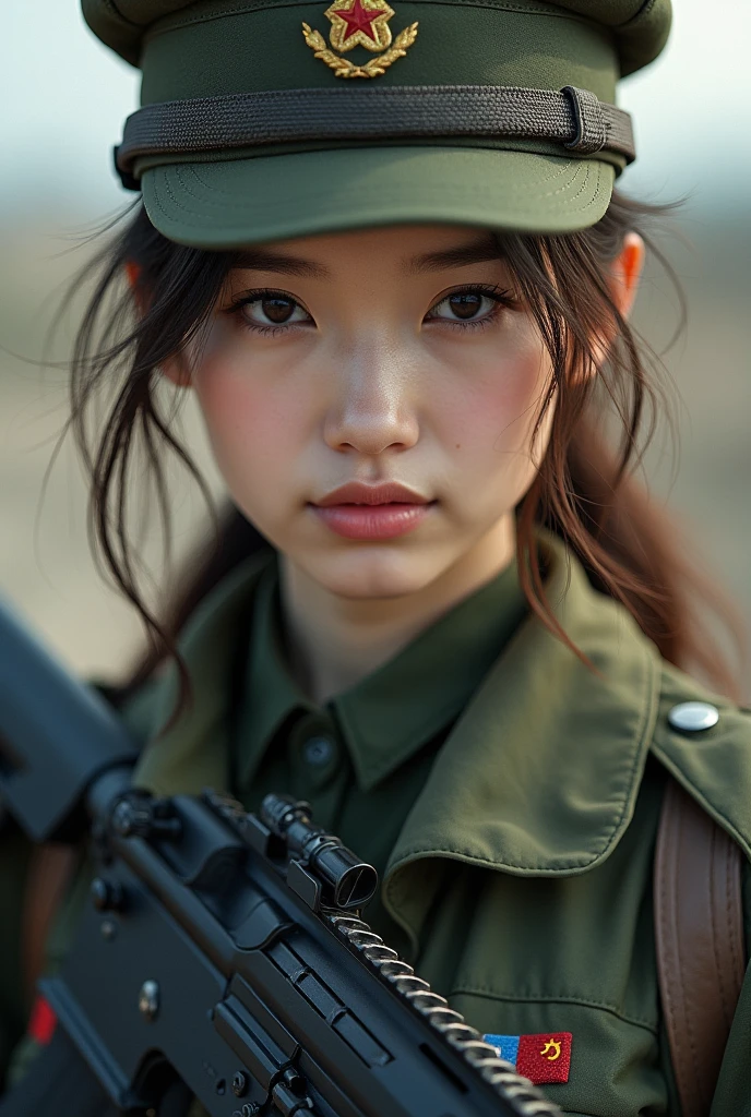 Asian woman in tank top holding gun, Beautiful Female Soldier, beautiful south korean woman, Military Girl, Silent from solid metal gear, Military Girl, With a rifle., Perfect military peace, ning yizhuo, closeup portrait shot, Silence from solid metal gear V, Automotive Military Girl, Infantry Girl, korean girl, Korean women, with chinese flag, front view, full blonde hair