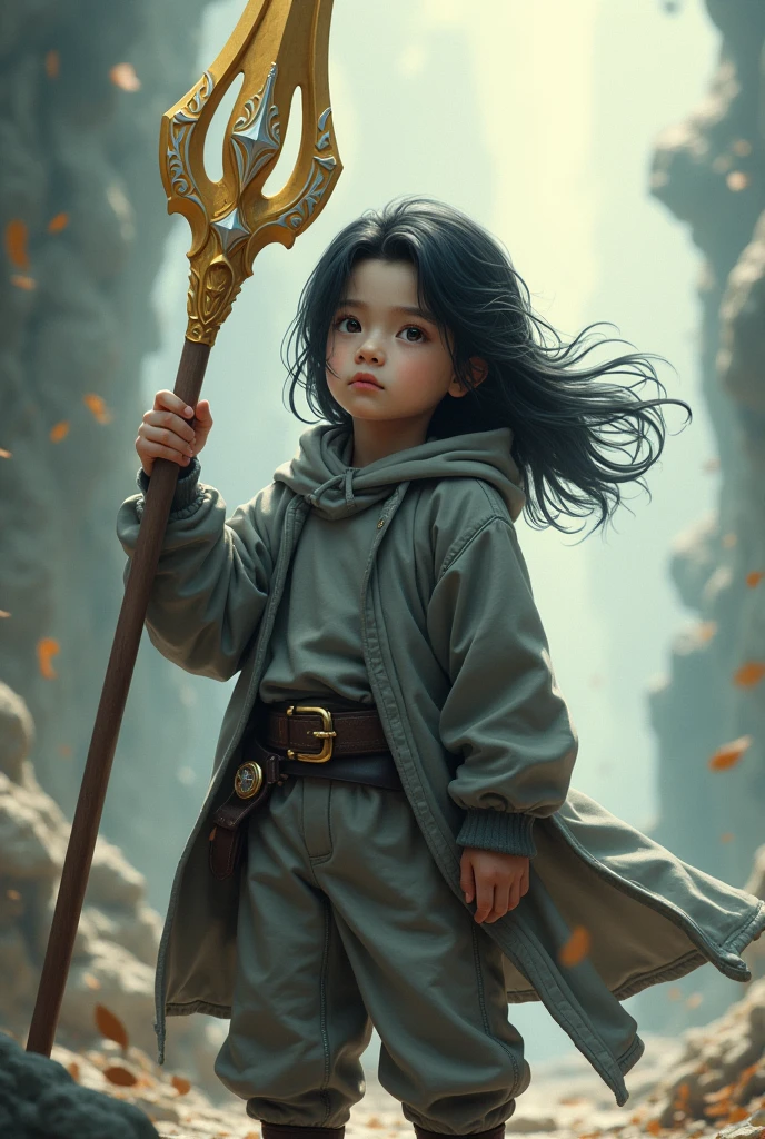 Slightly fat boy with long black hair, with gray jacket and gold spear with white details in hand