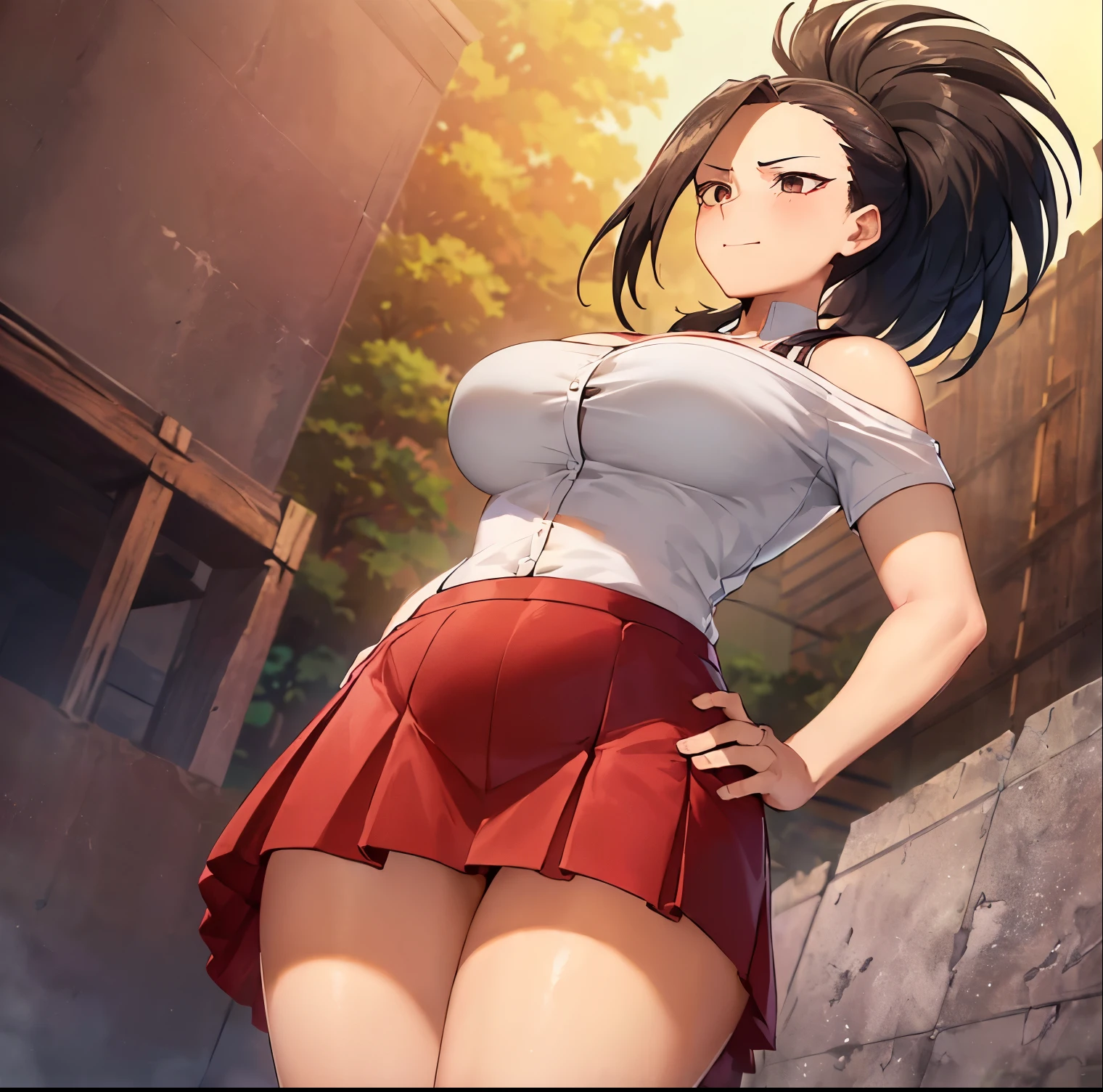 ((1girl)), ((alone)),yaoyorozu momo, ((extremely detailed CG unity 4k wallpaper)), (masterpiece), (ultra quality), (ultra detailed), (best illustration), (best shadow), (extremely detailed), looking at viewer, (absurdities), (detailed background), curvy body, dynamic pose, cowboy photo, large breasts, medium waist, wide hips, wide thighs, round butt,((eyes black, black hair, ponytail, long hair, hair up, white shirt, neckline, off-the-shoulder shirt, bare shoulders, long sleeves, red skirt, bare legs, tight short skirt, collarbone, smile, closed mouth)), standing, cowboy photo, backlight, ((solo)), ((standing: 1.4, outdoor, park, trees, cityscape, sunset, (serene expression, blushing, ,sexy, closed mouth, sexy pose), looking forward, ((focus on hips), point of view: (from below), perfect anatomy, perfect hands,