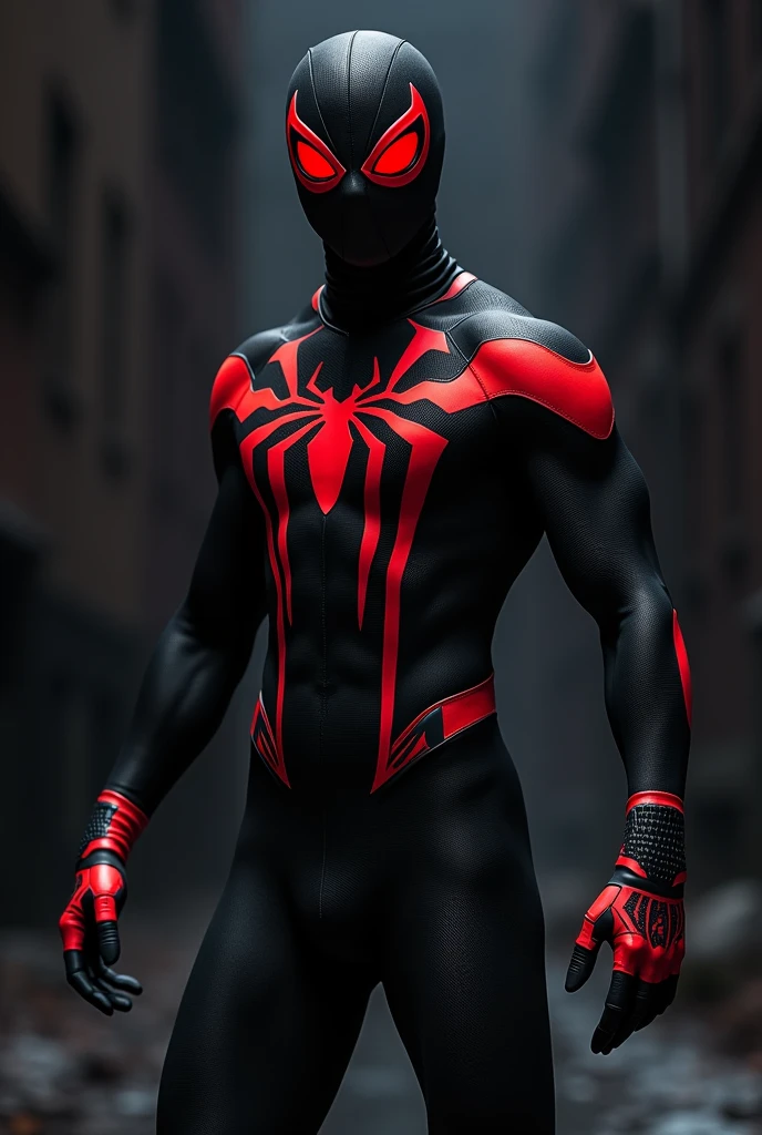A Spider-Man uniform, predominantly black, with red details on the gloves, booties, and a large spider symbol on the chest. The uniform lines are modern and dynamic, suggesting speed and agility. The mask covers the entire face, with big red eyes that stand out, and with the background at night
