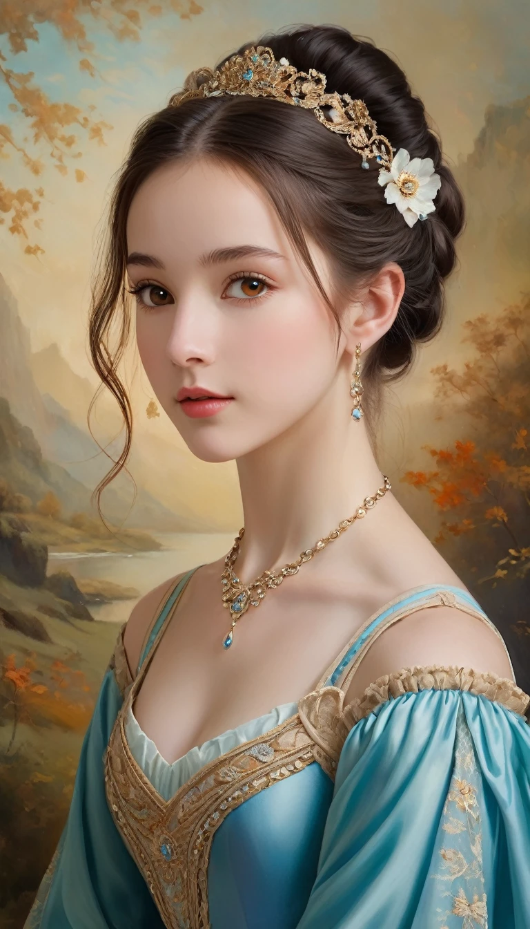 (High resolution,masterpiece:1.2),(Realistic:1.37)"(Highest quality, High resolution, Very detailed, Realistic),A beautiful portrait of a 16-year-old Scottish ballet dancer from the 19th century, (She is half Scottish and half Japanese.., She is a beautiful woman with brown eyes and a long nose..:1.1), Beautiful ballet costumes, Detailed facial features, Long and graceful neck, Turquoise Necklace, Flowing black hair, Calm and graceful posture, Soft and delicate lighting, Classical Oil Painting Medium, Vibrant colors, Delicate background with winter motifs", Dreamy atmosphere, Surrealism,Mysterious Aura