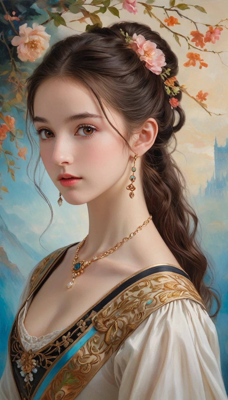 (High resolution,masterpiece:1.2),(Realistic:1.37)"(Highest quality, High resolution, Very detailed, Realistic),A beautiful portrait of a **-****-*** Scottish ballet dancer from the 19th century, (She is half Scottish and half Japanese.., She is a beautiful woman with brown eyes and a long nose..:1.1), Beautiful ballet costumes, Detailed facial features, Long and graceful neck, Turquoise Necklace, Flowing black hair, Calm and graceful posture, Soft and delicate lighting, Classical Oil Painting Medium, Vibrant colors, Delicate background with winter motifs", Dreamy atmosphere, Surrealism,Mysterious Aura