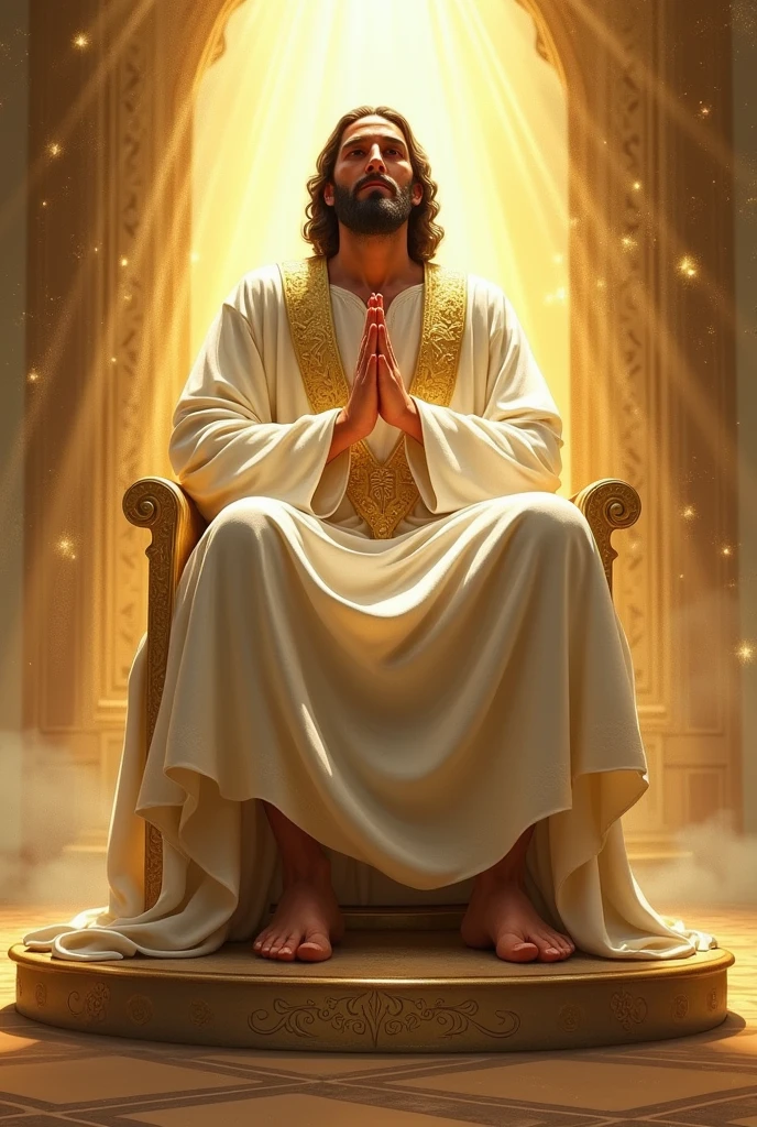 Imaginez une représentation majestueuse de Mohamed, assis sur un trône doré qui rayonne une lumière divine. Il est vêtu d&#39;une robe blanche et dorée, qui symbolisent la pureté et la divinité. Les mains de Jésus sont doucement jointes dans un geste de prière, exprimant l&#39;humilité et la connexion spirituelle.

Détails de l&#39;image:

Commencez par dessiner le trône d&#39;or avec des détails complexes, comme des encoches, motifs incrustés et bijoux. Le trône doit avoir l&#39;air imposant et paradisiaque.

