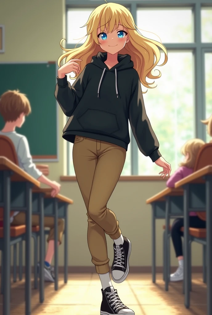 High school white girl, blonde hair, blue eyes, tight khaki pants, black high top converse shoes, black hoodie, white socks, one leg kicking in the air towards the camera, shaking her foot, classroom background, full body, backside, butt.