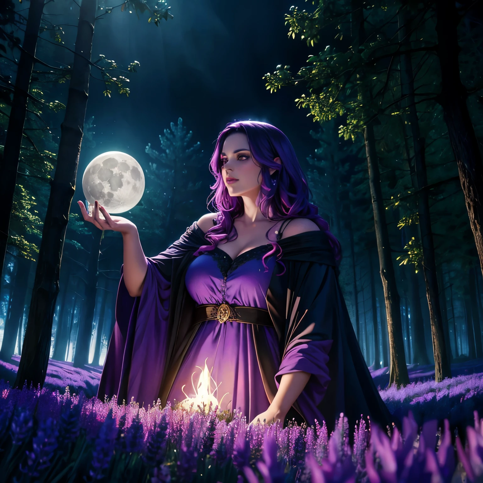 A beautiful witch concocting a love potion, lavender fields, dark forest, glowing moon, ethereal lighting, mist, mystical, magical realism, lush foliage, intricate details, dramatic chiaroscuro, muted color palette, rich textures, (best quality,8k,highres,masterpiece:1.2),ultra-detailed,(realistic,photorealistic,photo-realistic:1.37),cinematic composition,dramatic mood,vibrant colors,dramatic lighting,fantasy art,surreal