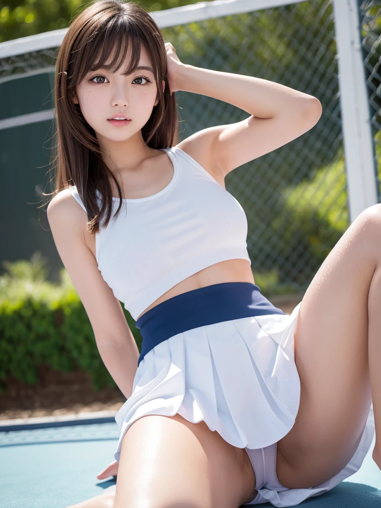 Product quality,1 girl,Cowboy Shot,Front view,Thigh Emphasis,(Knee-deep shots:1.3),Young and sexy Japanese girl,18-year-old,Tennis court,Wearing stylish blue tennis wear,(White ultra short micro pleated mini skirt),wear,No underwear,((Small Head,face:0.4))超かわいいface,赤ちゃんのface,Glossy Lips,Big eyes,Double eyelids on both eyes,(Natural Makeup),Brown eyes,Small and cute nose,shiny smooth light brown hair with long hair,,Asymmetrical bangs,Center image,8k resolution,Attention to detail,Detailed hairstyle,詳細なface,Cinema Lighting,Octane Rendering,Ultra-realistic,Perfect limbs,Voluptuous thighs,Huge breasts, Soft Skin,(Glowing Skin, Sweaty: 1.3), Spread your legs,Provocative dynamic pose,Skirt flip,(Beautiful pussy line:1.3)