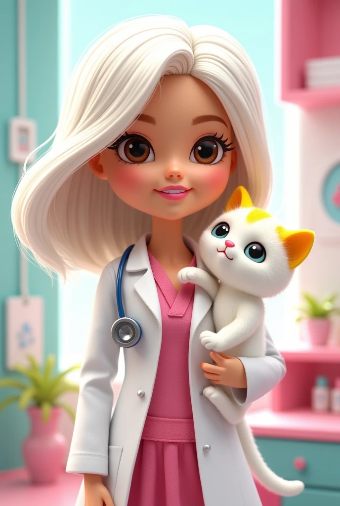 Cartoon Barbie doctor brown eyes white hair and her white kitten with yellow patches on its head and yellow tail