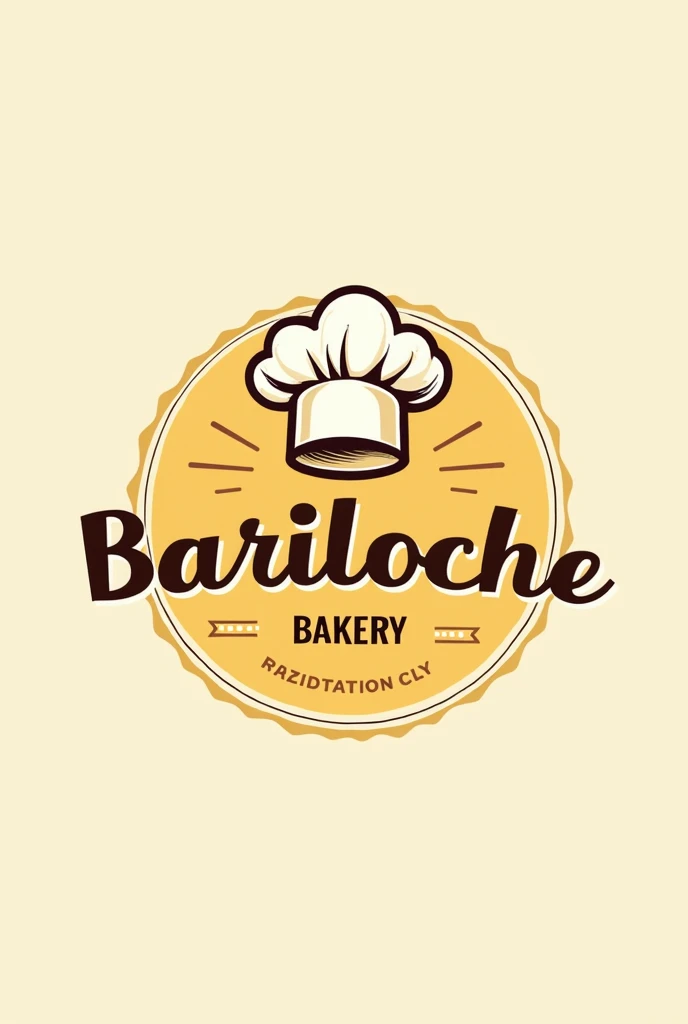 Create a logo with name " Bariloche bakery", with yellow colors, brown and white, chef's hat