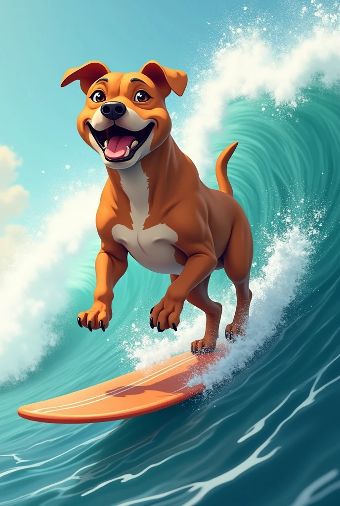 Make an animation for a tattoo about a light brown pitbull dog happily surfing 