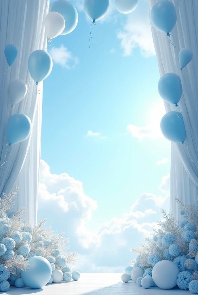 Create a photomontage background that is suitable for photomontage with white balloons, Celestial that also has angels, sky blue and silver flowers, Also with light blue and white curtains