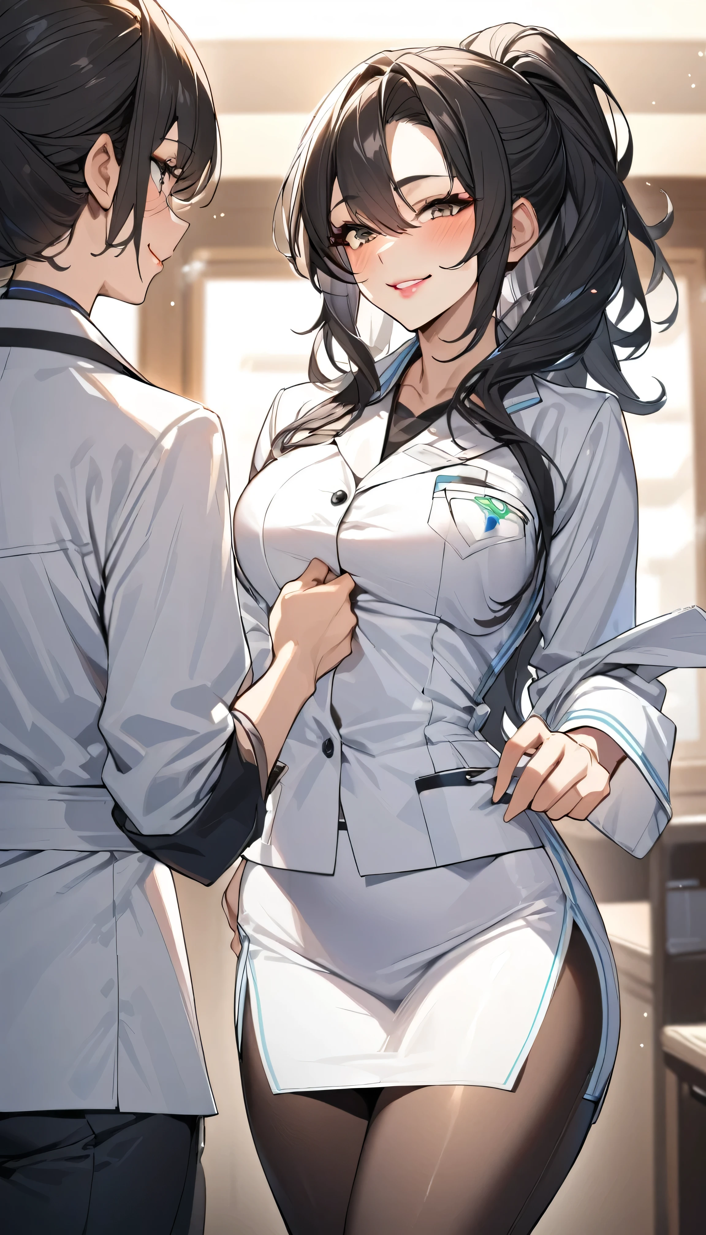Highest quality:1.5,Female doctor,White,Tight Skirt,Natural Lip,smile,Black hair half-up