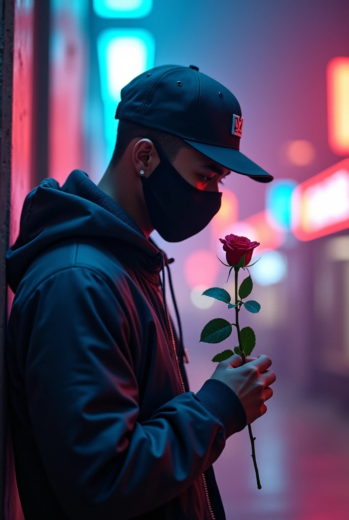 A music cover featuring a white man standing sideways dressed in trapstar style with a cap and a mask covering part of his face holding a rose and looking at it 